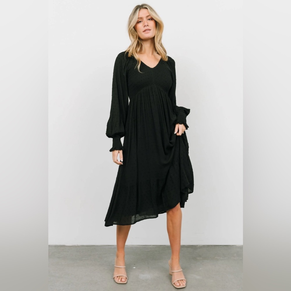 Baltic Born Lainey Smocked Dotted Midi Dress in Black